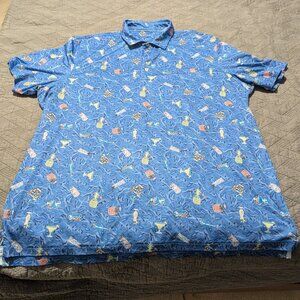 Johnnie O Polo Shirt Mens XXL Blue Performance Golf Tiki Torches Mai Tai